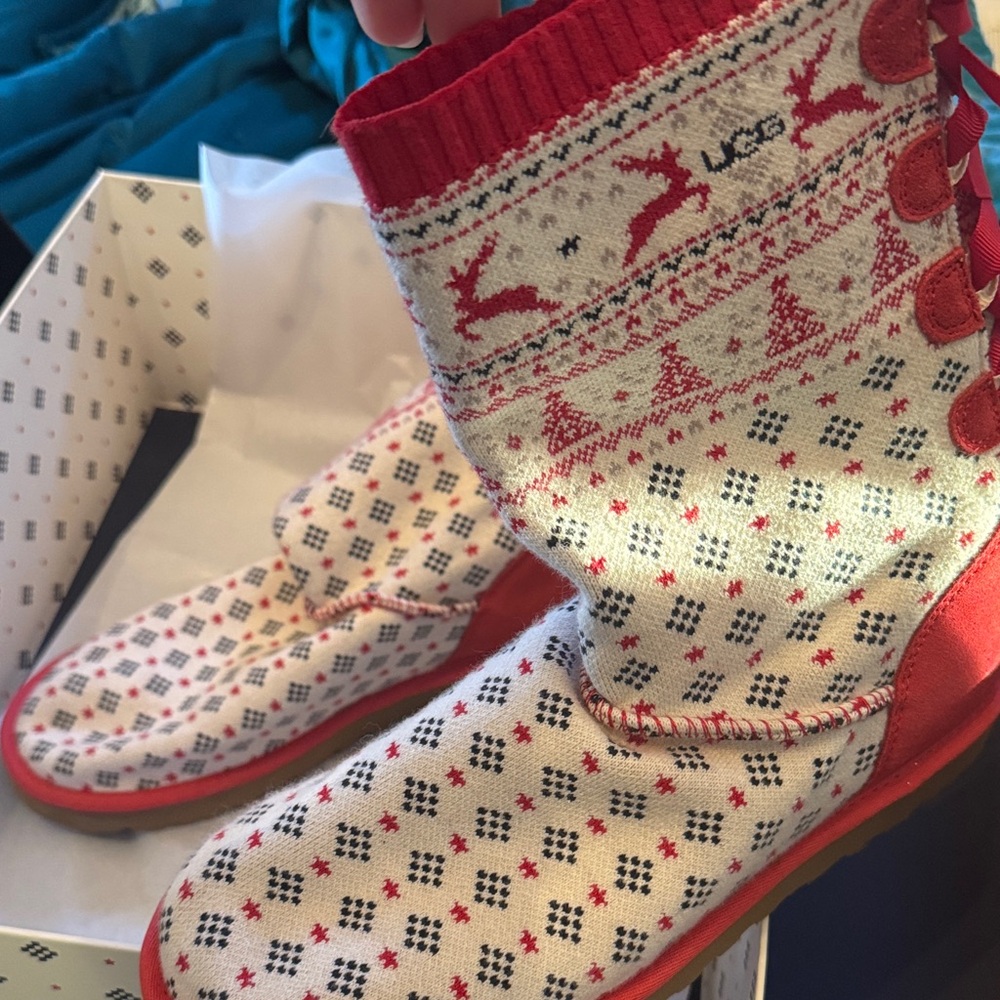 UGG Christmas Holiday sweater flat pull on knit boots NIB